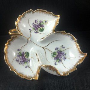 NAPCO Candy Nut Nappy Dish Violets Porcelain Trimmed in Gold Gilded MCM